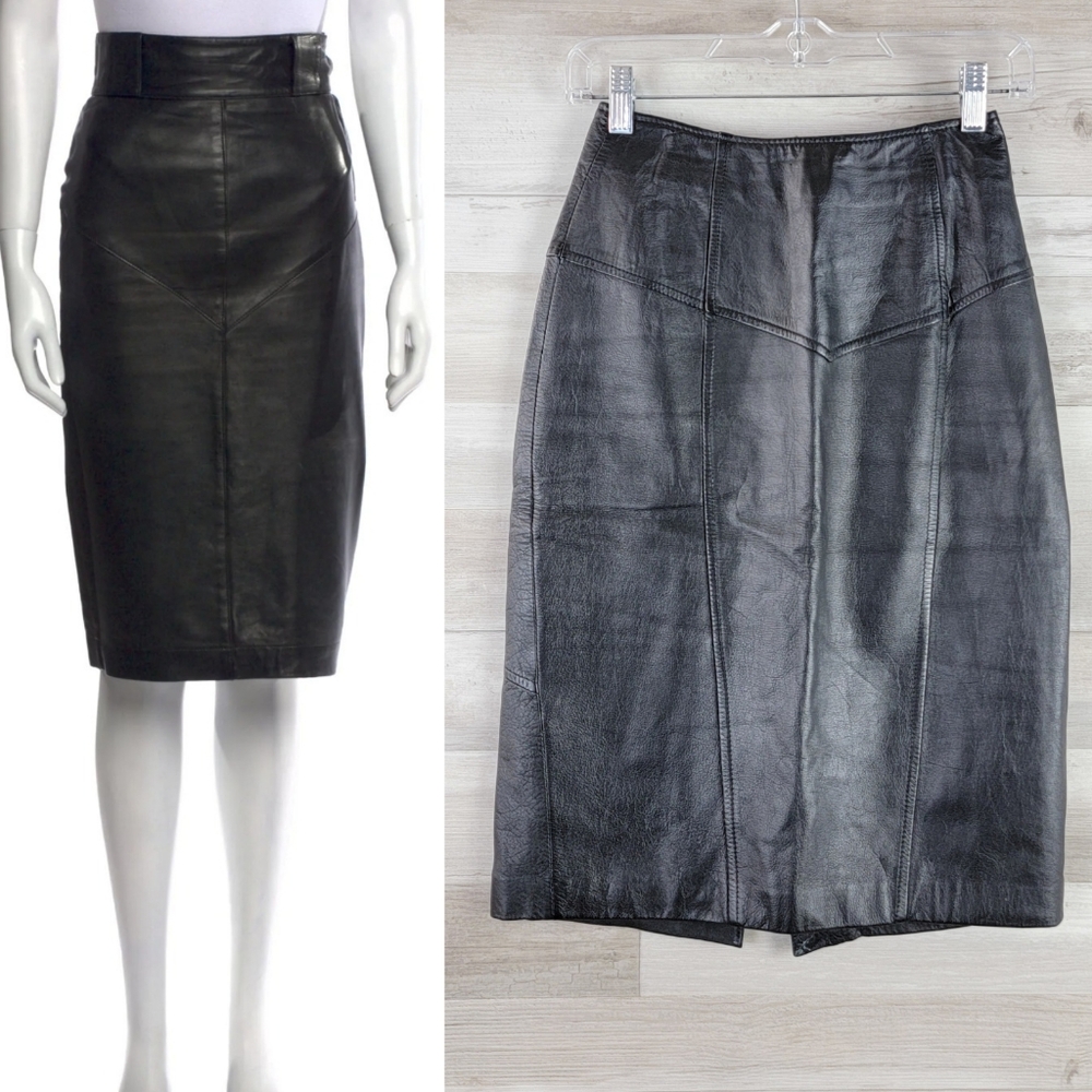 Vintage Pelle Cuir Black Leather Mid Length Pencil Skirt Women's Size 4